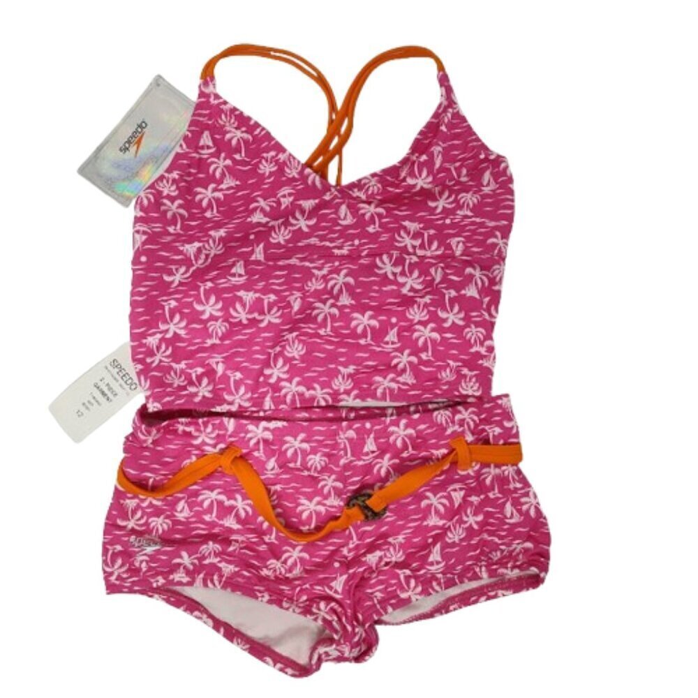 Speedo Tropical Breeze Girls Swimsuit 2 Piece Size 12 NWT Pink with White Palm - Picture 3 of 11